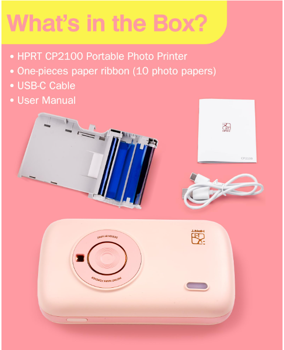 HPRT Mini Photo Printer for iPhone, Smartphone, Portable Instant Picture Printer with Bluetooth, Wireless Thermal Dye Sublimation Photo Printer CP2100 (Pink, Printer + 10 Sheets)
